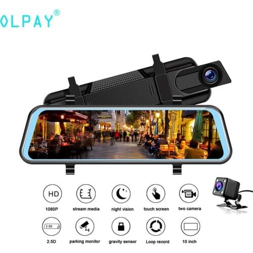 OLPAY Touch Screen 1080P Car DVR 10 inches Stream media Dash camera Dual Lens Video Recorder Rearview mirror 1080p Rear camera