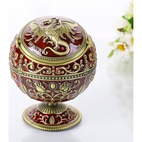 Vintage Metal Ashtray Agate Color Globe Ashtray With Cover Dragon European Style Creativity Windproof Smoking Ashtray