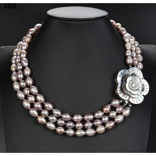 GuaiGuai Jewelry 18'' 3 Strands Natural Purple Rice Pearl Necklace Shell Flower Clasp For Women