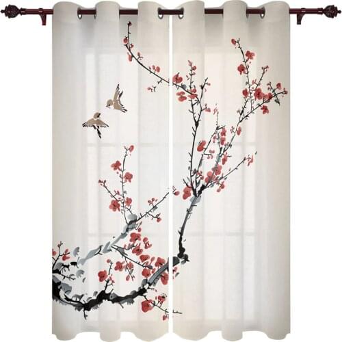 Living Room Curtains Plum Blossom Bird Ink Painting Modern Home Decor Bathroom Kitchen Bedroom Balcony Floor Valance Curtains