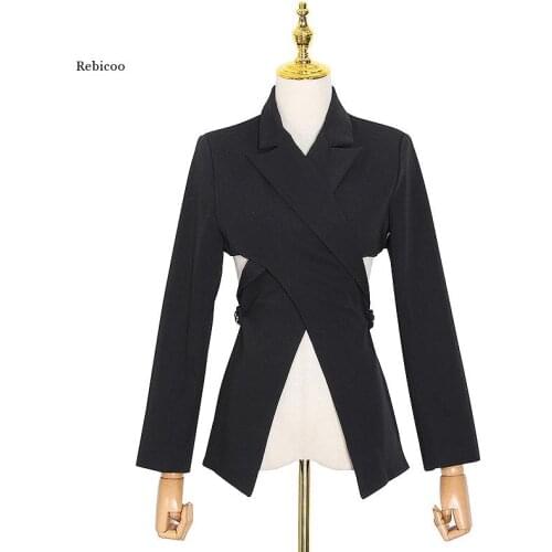 Women Black Cross Bandage Short Blazer New Lapel Long Sleeve Loose Fit Jacket Fashion Tide Spring Autumn 2021