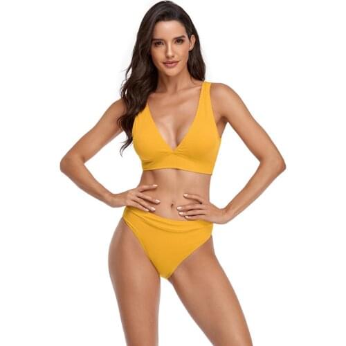 WTCandy 2021 New Sexy Solid Yellow Bikini V Back Green Black Swimsuit Women Red Summer May Swimwear Ribbed Beach Bathing Suit
