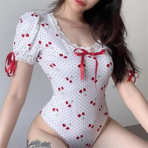 Sweet Style Women Bodycon Lace Trim Bodysuit Summer Sexy Cherry Dot Print Short Sleeves Tops With Red Ribbon 2021