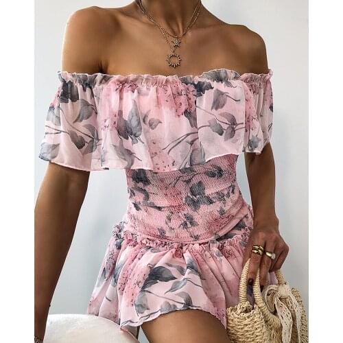 Women Sexy Floral Print Ruffles Off Shoulder Shirring Dress