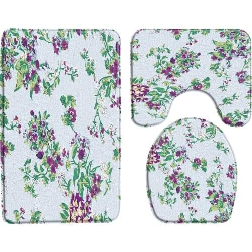 Purple Flowers Bath Mat 3 Piece Set Plant Floral Bathroom Rug Bathtub Decoration Carpet Anti-Slip Toilet Mats Bathroom Products