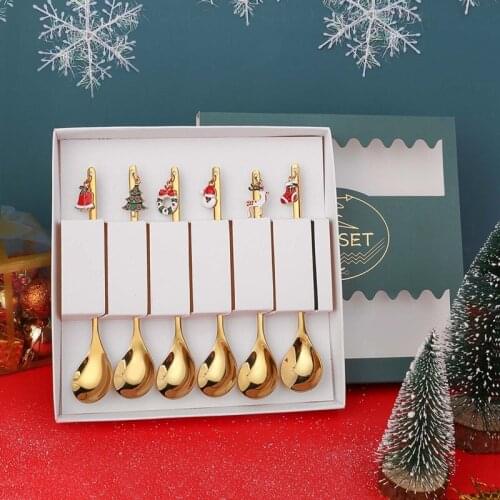 6Pcs Christmas Spoons with Gift Packing Box Christmas Coffee Spoon Dessert Cake Ice Cream Spoons Kitchen Tableware
