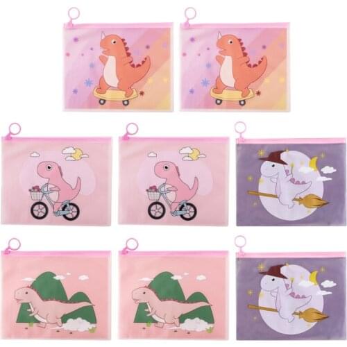 8 Pcs/Set Transparent PVC Cartoon Rabbit/Dinosaur Waterproof Student Pen Pencil Case Portable Zipper Ring Pouch Makeup Bag