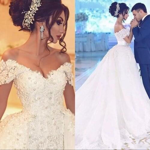 Arabic Wedding Dresses with Detachable Skirt Appliques Beaded Pearls Dubai Wedding Dress Plus Size Bridal Gowns Robe de mariee