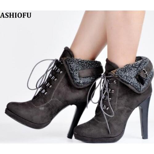 ASHIOFU Handmade Ladies High Heel Boots Buckle Straps Warm Ankle Boots Shoelace Party Club Winter Fashion Short Boots Shoes