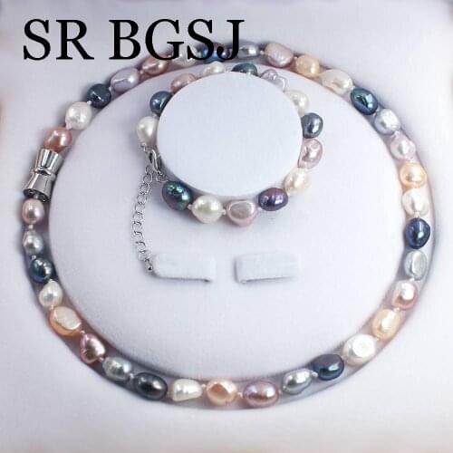 Free Shipping 9-10mm Freeform Mixed Freshwater Natural Pearl Knot Magnetic Clasp Necklace Bracelet Jewelry Set