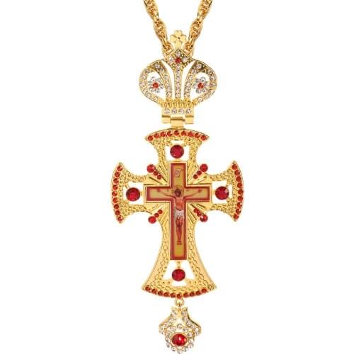Free Shipping Orthodox Greek Pastor Cross Jesus Crucifix Pendants Plated Gold Rhinestones Classic Cross Chain Religious Craft