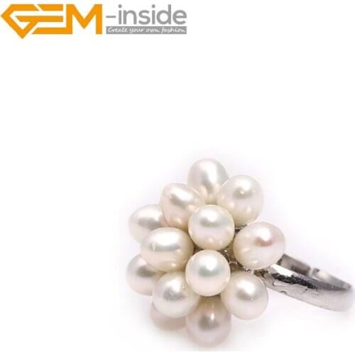 Gem-inside 5-6mm pearl white gold plated ring adjustable size For Women Trinket Gift DIY Jewelry