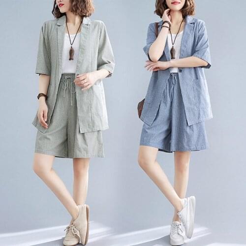 Korean Stripes Short Sleeve One Button Suits Elastic Waist Wide Leg Shorts Loose Summer Blazer And Shorts Two Piece Set zh823