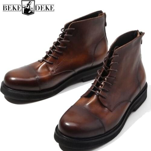 2020 New Vintage Men Boots Genuine Leather British Lace Up Round Toe Ankle Shoes Quality Black Brown Work Safety Booties