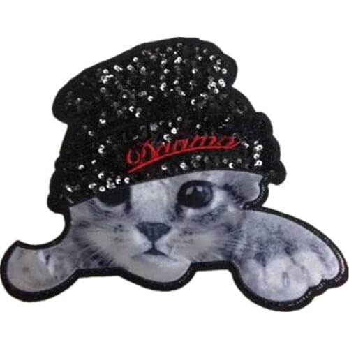 Patches for clothing T shirt Women 27cm Cat Black Hat Sequined Sequins T-shirt Womens Fashion Tops Shirt Girl Patch Clothes