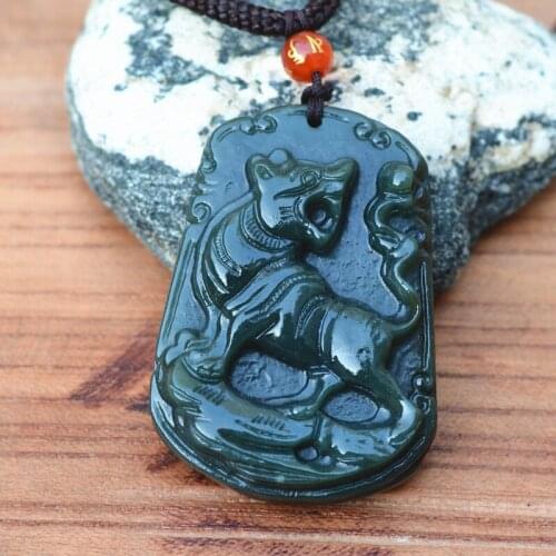 Natural Green Real HeTian Stone Pendant Carved Tiger Zodiac Tiger Pendant Necklace Lucky Amulet Gift For Mens Jewelry
