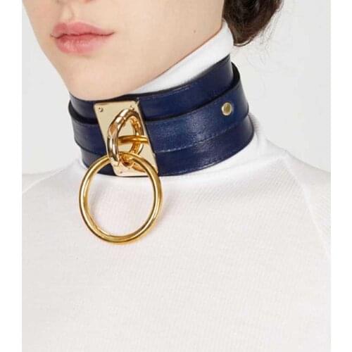 New Arrival Unisex Accessory Big Gold Color O-ring Mental Circle Pendant PU Leather Choker Collar Wide Necklace Gothic Jewelry