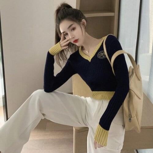 Fall 2020 new western style v-neck spell color knit sweater long-sleeved womens clothing of cultivate ones morality