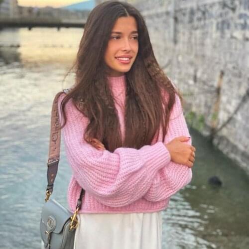 XIKOM 2021 Autumn Women Pink O Neck Lantern Sleeve Casual Knitted Pullover Female Vintage Loose Sweet Lady Sweater Top