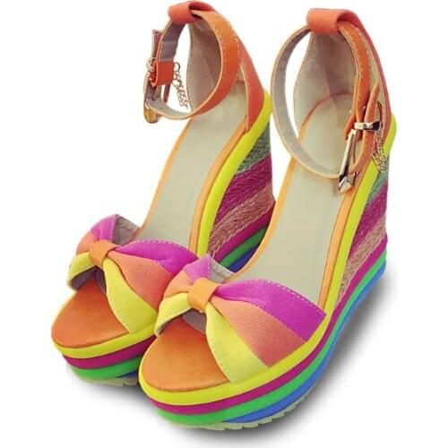 Newest Rainbow sandals butterfly-knot 12 cm high heels shoes women sexy gladiator wedges sandals women metal decor scarpe donna