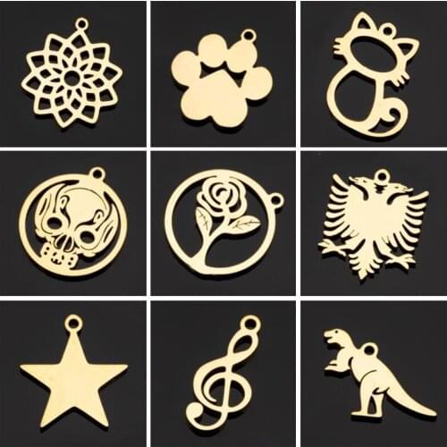 Sasusp Fashion Gold Charm Pendant For Jewelry Making Stainless Steel Flower Paw Cat Albanian Eagle Skull Star Dinosaur Pendants