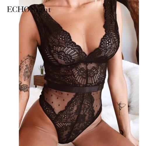 Echonight Lace Bodysuit Women Deep V Neck Floral Embroidery Sexy Romper Bodycon Jumpsuit Overalls Transparent Female Body Suit
