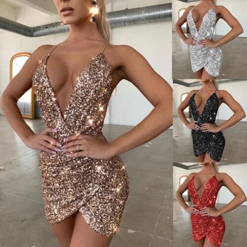 Silver Sequined Backless Sexy Dress 2020 Deep V Neck Autumn Women Off Shoulder Mini Dress Party Club Strap Dresses Vestido