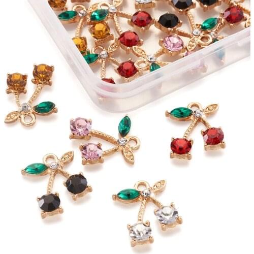 1Set Cherry Mixed Crystal Charms Golden Plated Fruit Rhinestone Glass Pendants for Earring Necklace Bracelet Jewelry Making