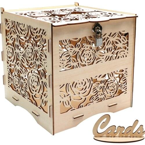 Wedding Wooden Card Boxes with Lock and Card Sign Country Wedding Decoration Envelope Box Rose Rustic Wood Birthday Decor Box