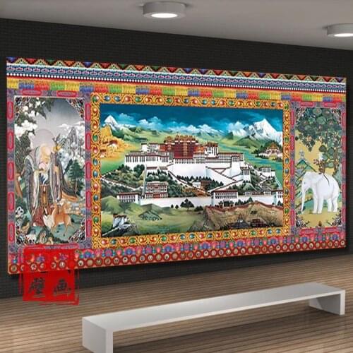 Tibetan Thangka Potala Palace mural Buddha Hall sofa TV background wall Buddhist culture auspicious four end longevity wallpaper