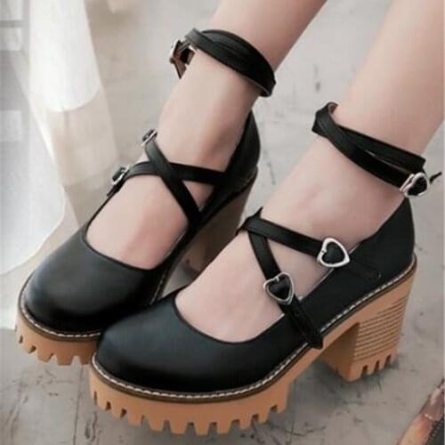 Japanese Loli Sweet Lolita Shoes Round Head High Heel 8cm Cross Bandage Women Shallow Mouth Kawaii Cosplay Female Tea Party Goth