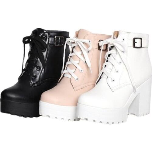 Autumn Boots Boots Women Round Toe Buckle Shoes Women High Heel Fashion Plus Size Square Heels Lacing 3 Colors Size 34-43