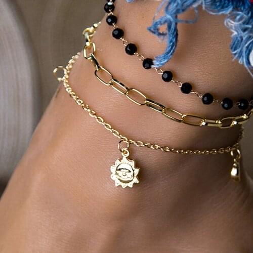 Vintage Boho Multi Layer Crystal Beads Anklets For Women Fashion Moon Star Sun Pendent Anklet Handmade Chain Foot Party Jewelry