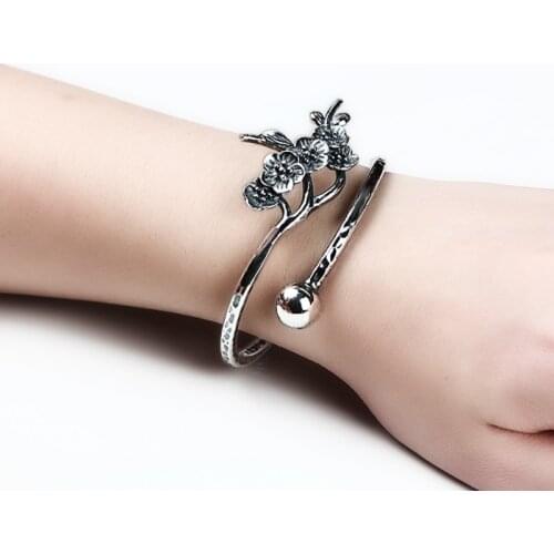 ZHJIASHUN Retro 100% 990 Sterling Silver Bangles For Women Vintage Fashion Jewelry Plum Blossom Design Female Handmade Best Gift