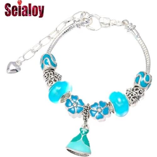 Blue Little Princess Dress Charms Bracelets For Women Girl Flowers Glass Beaded Adjustable Bracelet Bangle