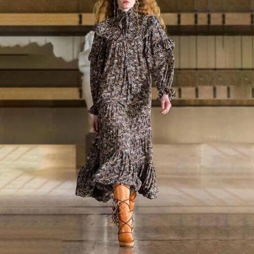 2021 Autumn and Winter New Small Stand-up Collar Ruffles Stitching Printing and Dyeing Small Floral Long Dress Women