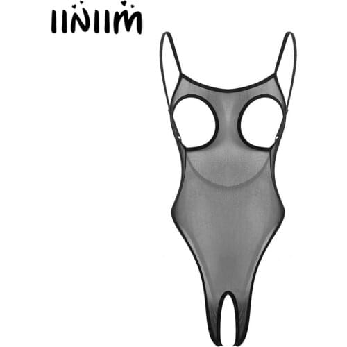 Womens See Through Sheer Lingerie Spaghetti Straps Breast Hollow Out Backless Crotchless Open Nipples Bodysuit Sissy Nightwear