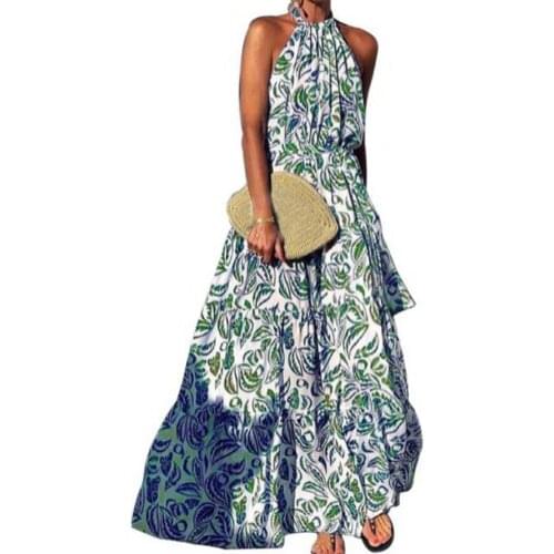 Ladies Leisure Dress Halter Leaf Print Sleeveless Wide Hem Long Length Off Shoulder Tight Waist Dresses for Woman Summer 2021