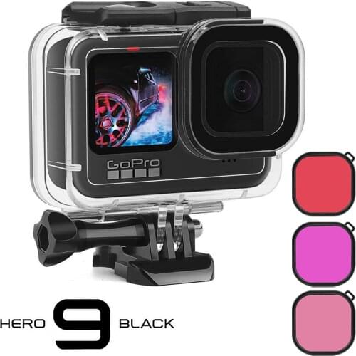 60M Waterproof Case for GoPro Hero 9 Black Protective Diving Underwater Housing Shell Cover Red Purple Color Filter 3 Pack Kit