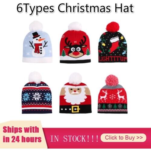 6Types Christmas Hat Sweater Knitted Beanie Christmas Light Up Knitted Hat Gift For Kids Xmas New Year Decorations Baby Boy Girl