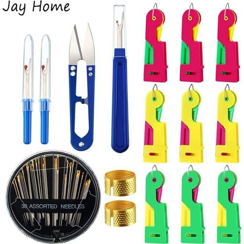 Automatic Needle Threader Needle Threading Tools with Hand Sewing Needles Seam Ripper Sewing Thimble U Scissors Sewing Tools Kit