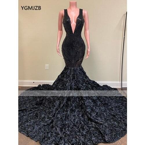 Sparkly Sequin Stretchy Black Long Mermaid Prom Dresses 2020 New Arrival 3D Flowers Train Deep V Neck African Girl Evening Gowns