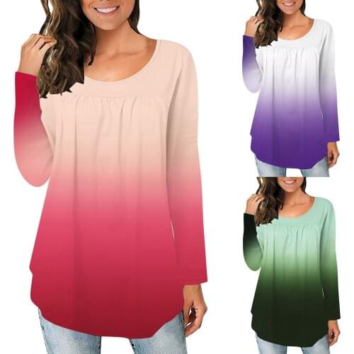 Autumn Womens Fashion Blouses New Casual Round Neck Pleated Blouses Stitching Long-sleeved Gradient Pullover Женские блузки