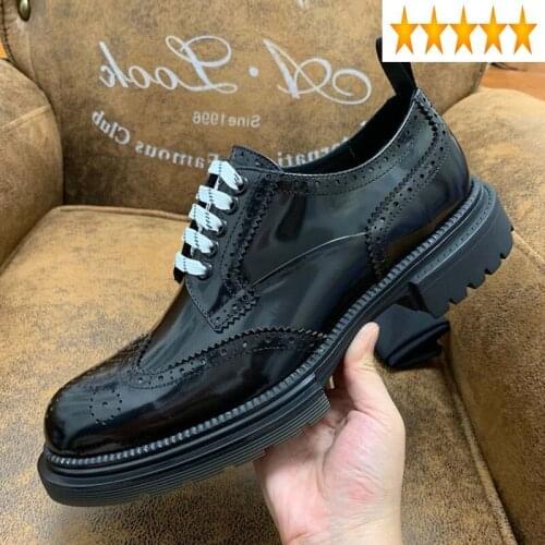 British Casual Mens Brogue Retro Printed Carved Lace Up Cowhide Thick Bottom Business Formal Genuine Leather Dress Shoes