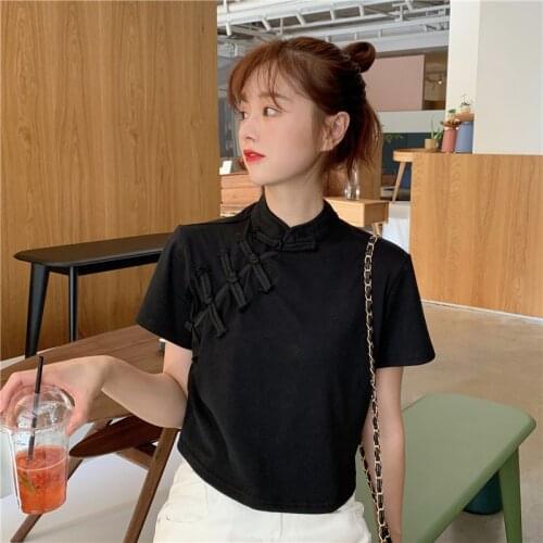 Black Cheongsam Top 2021 Asian Streetwear T Shirt Crop Tops for Teens Chinese Style Clothing Women Gothic Crop Top Femme