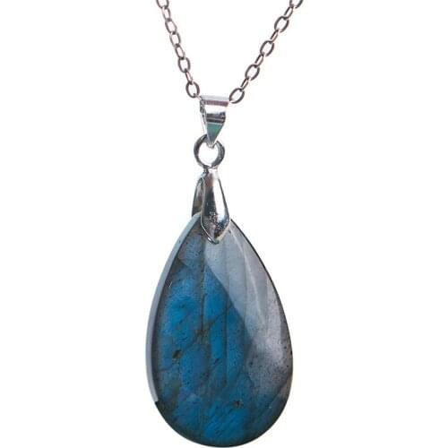 Precious Strong Blue Lights Natural Labradorite Gems Stone Crystal Water Drop Bead Necklace Charm Pendant