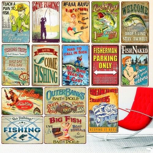 Gone Fishing Shabby Chic Metal Tin Sign Bar Pub Outdoor Plate Fisherman Posters Fish Naked Wall Sticker Vintage Home Decor N273