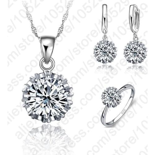 Wedding 925 Sterling Silver Jewelry Sets For Women Big Stone CZ Cubic Zirconia Necklace Earring Ring Set Party Gifts