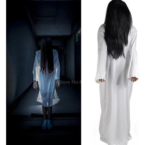 Adult Halloween Women Cosplay Costume Scary Horror Ghost Yamamura Sadako Ault Carnival Party Zombie Witch Wig Dress Cross Set