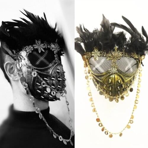 Metal Rivet Feather Mask Male Hip Hop Rock Masked-Singer Dancer Stage Face Accessories Halloween Party Popular Ornament